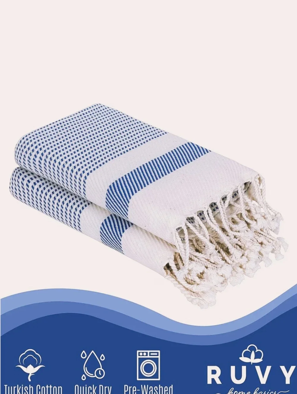 Ruvy NWT 4pk Turkish Cotton Stripe Hand Towels In Cream/Blue 18